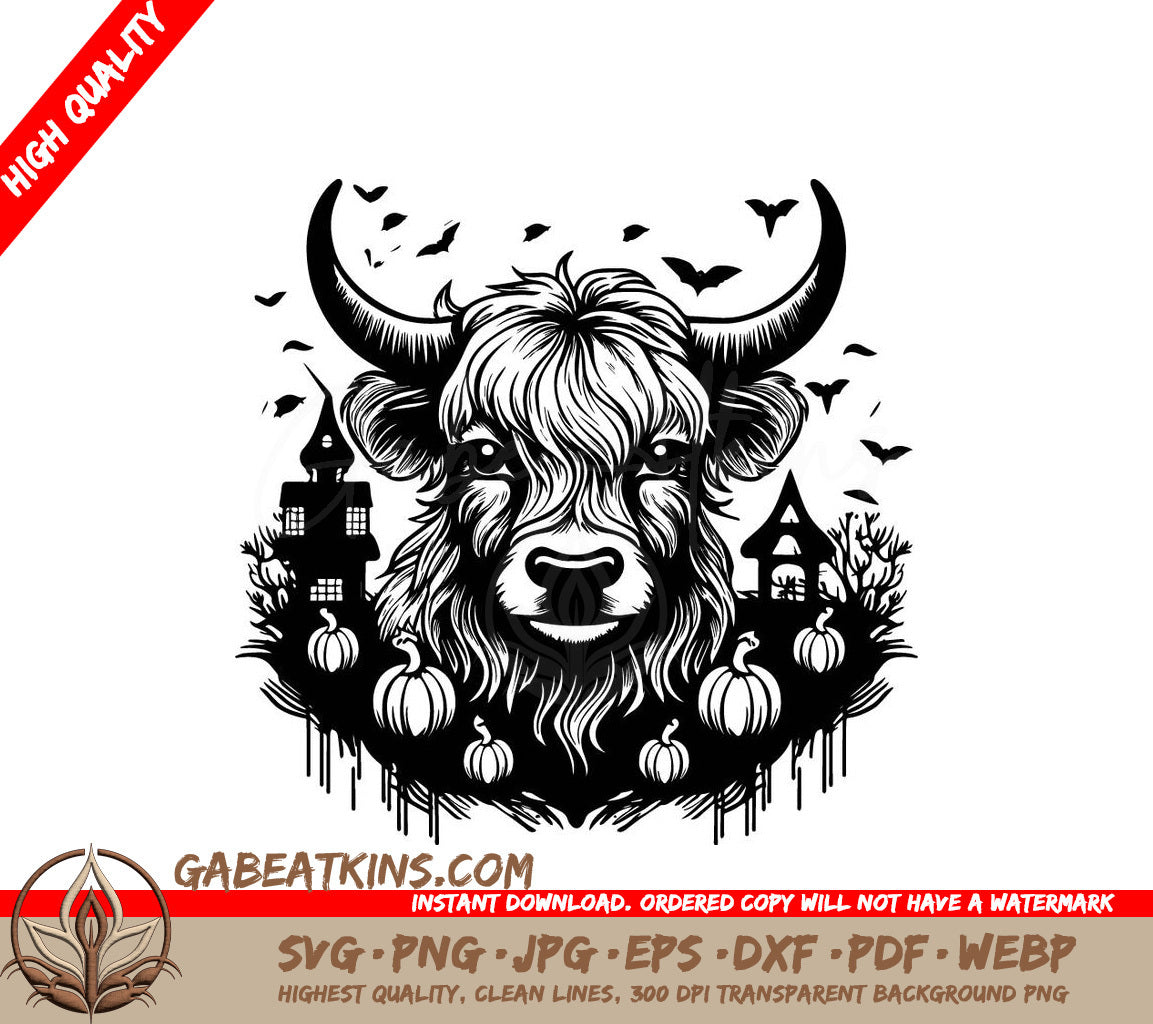 Halloween Highland Cow Bull with Pumpkins & Bats SVG SVG