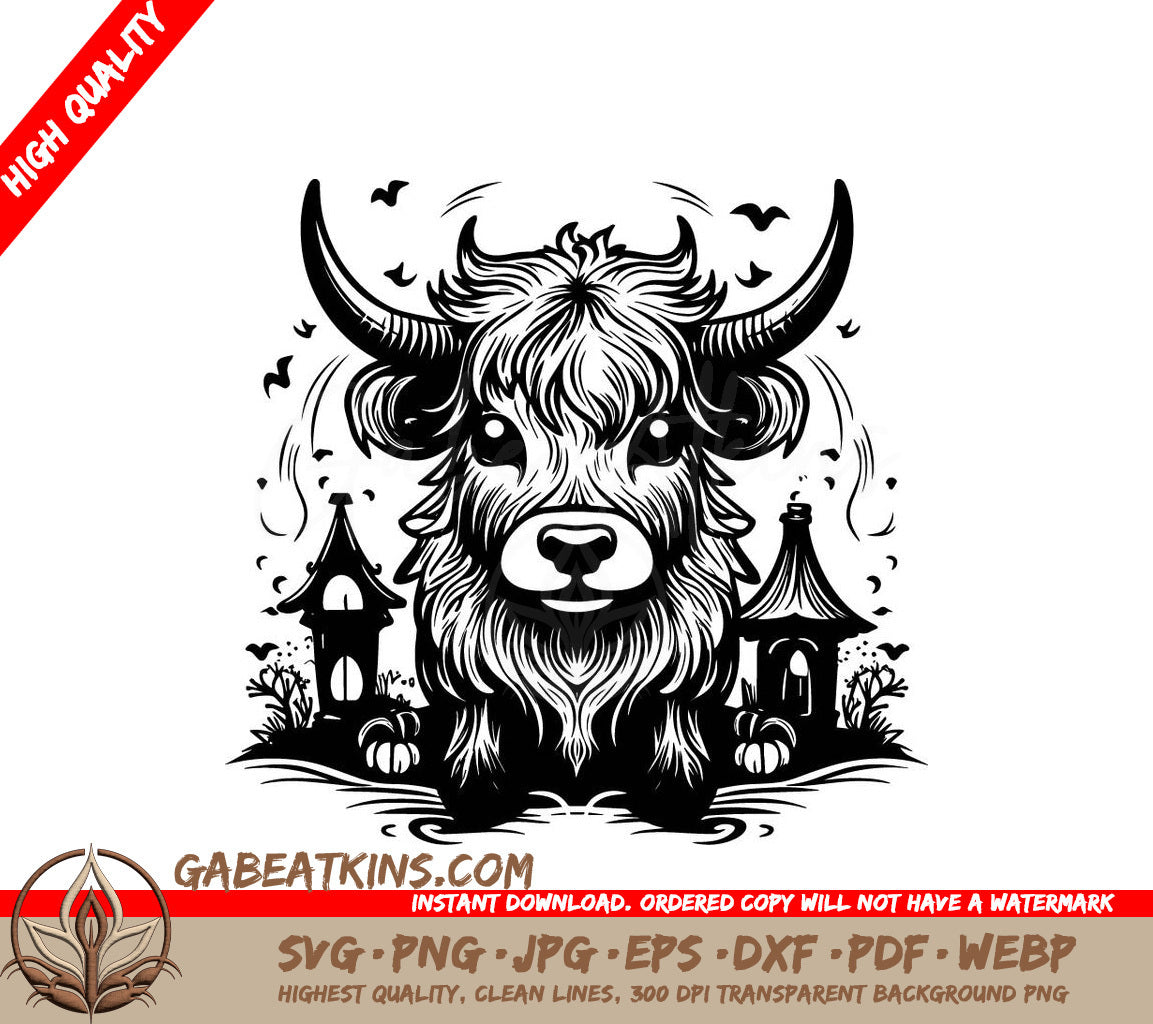 Highland Cow Halloween SVG  Bull with Castle SVG