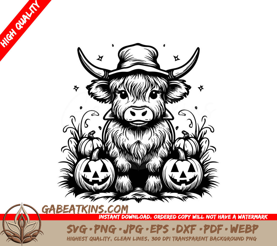 Highland Cow Witch Scarecrow SVG - Pumpkin Patch Halloween Design SVG