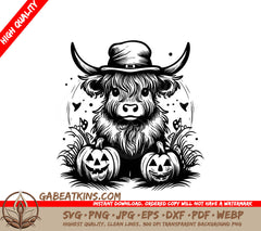 Highland Cow Scarecrow Pumpkin Patch SVG - Witch Hat & Pumpkins SVG