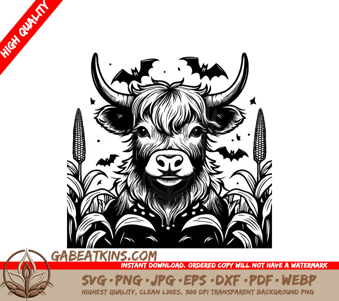  Bull with Bats SVG - Highland Cow Skeleton Moonlit Cornfield SVG