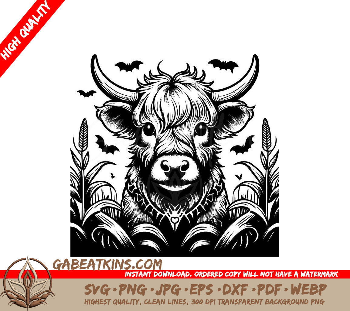  Bull with Bats SVG - Highland Cow Skeleton in Moonlit Cornfield SVG