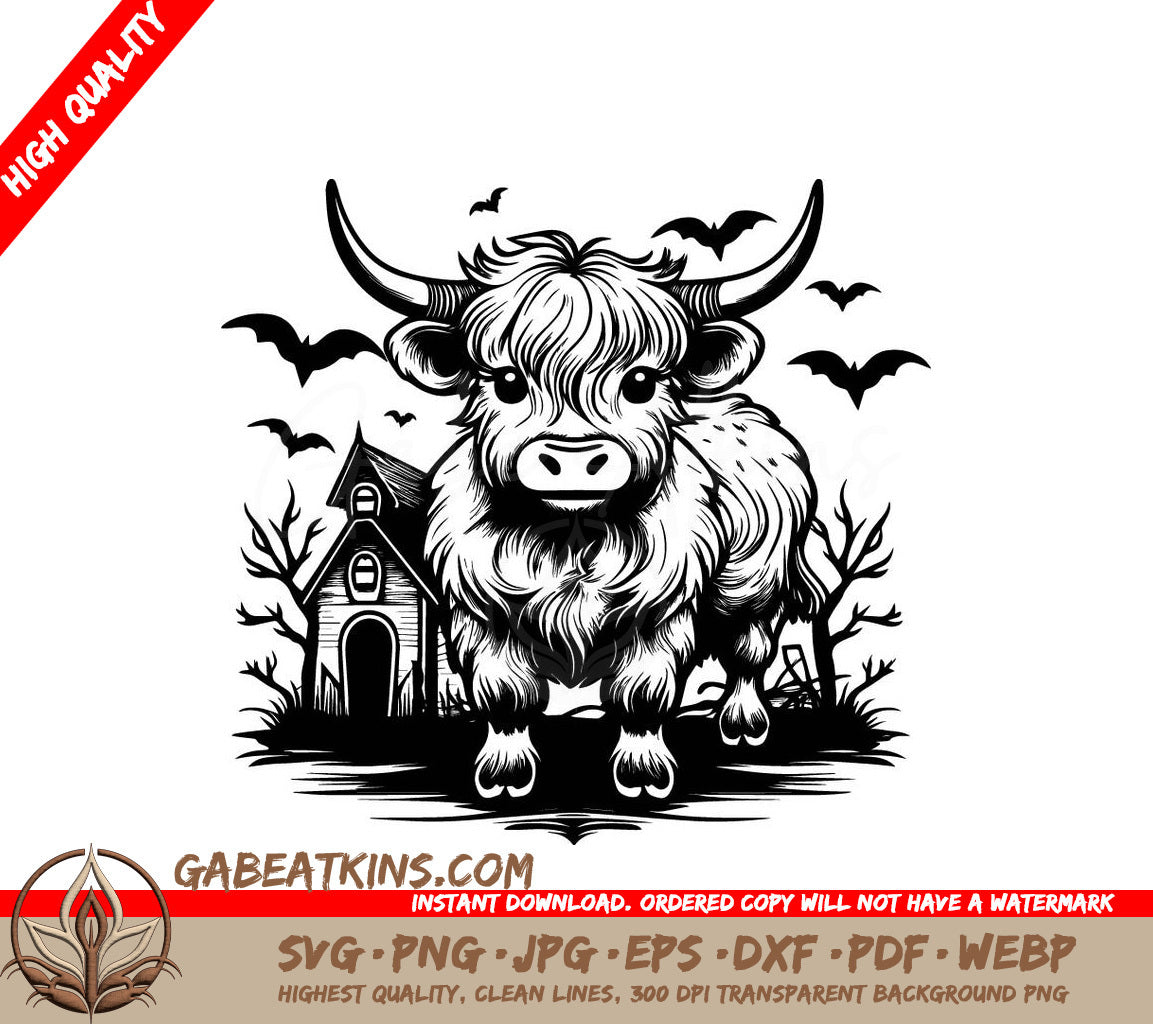 Halloween Highland Cow Bull & Bats SVG Design SVG