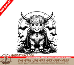 Highland Cow Vampire SVG -  Bull with Cape & Crescent Moon SVG