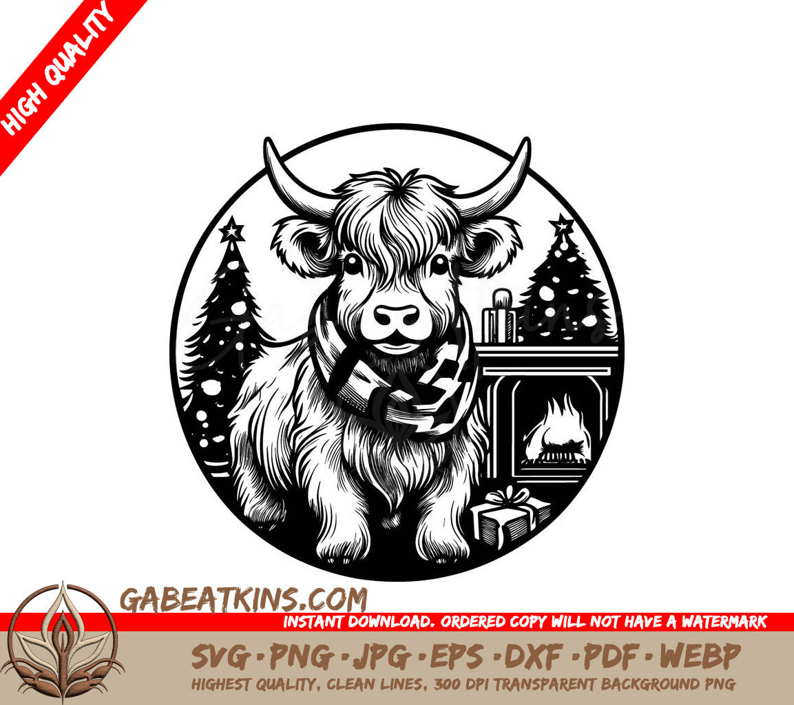 Highland Cow Fireplace SVG -  Drawing with Scarf SVG