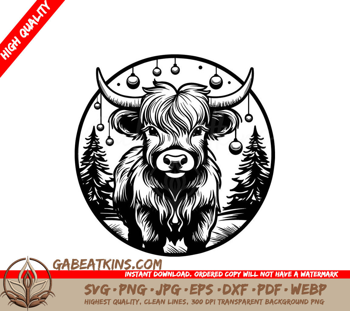 Highland Cow Winter Wonderland SVG -  Monochromatic Bull Christmas Illustration SVG