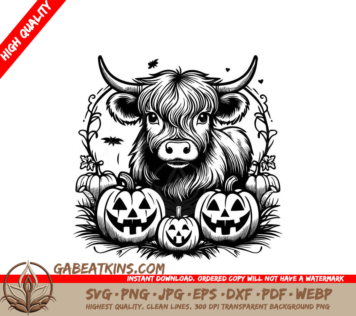  Bull & Pumpkins SVG - Highland Cow Twilight Scene SVG