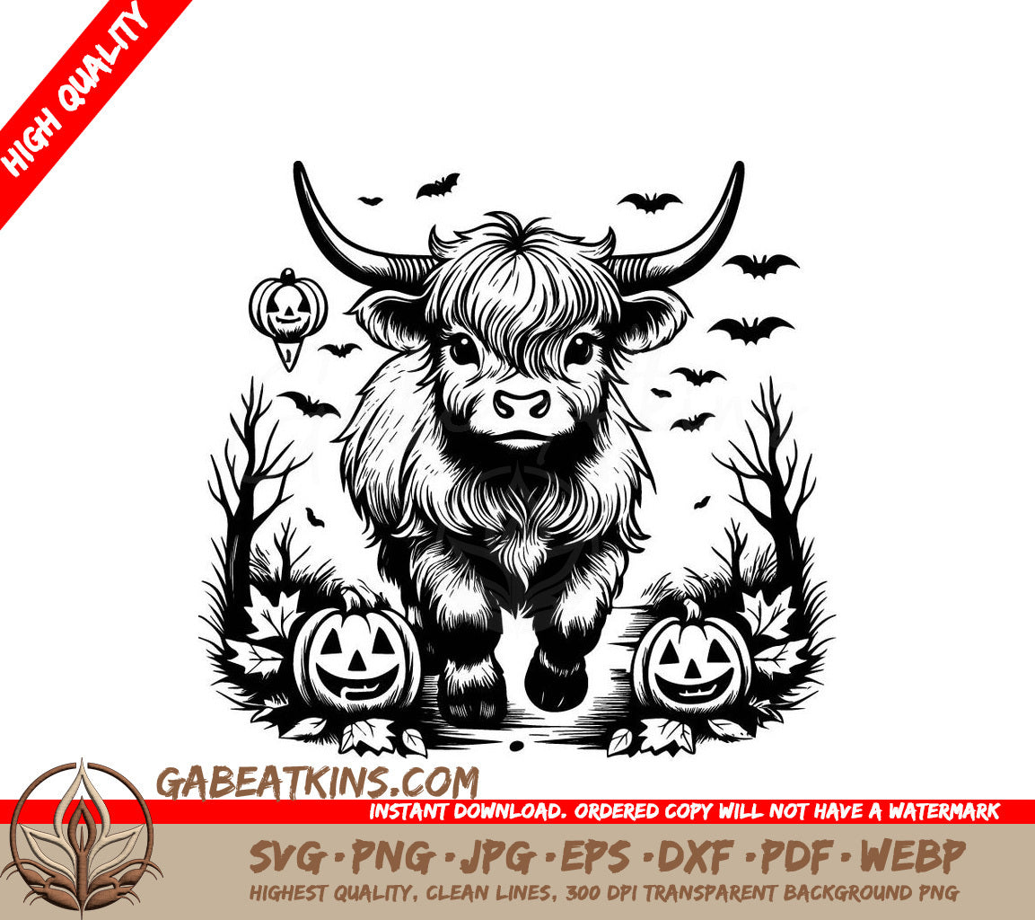 Spooky Highland Cow & Bull Halloween SVG - Autumn Forest, Pumpkins & Bats SVG