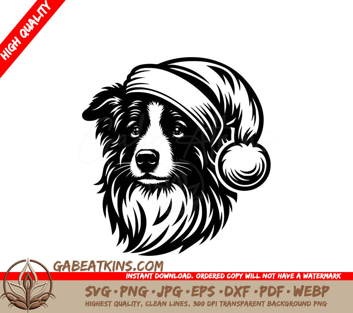 A Black And White Border Collie Wearing A Santa Hat SVG - Holiday Border Collie SVG