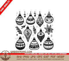 A Set Of Black And White Christmas Ornaments On A White Background SVG - Holiday Ornaments SVG