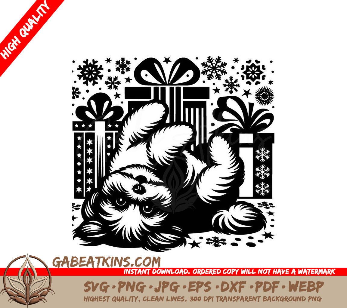  A Cat Laying On Its Back Surrounded By Presents And Snowflakes SVG - Holiday Shih Tzu SVG