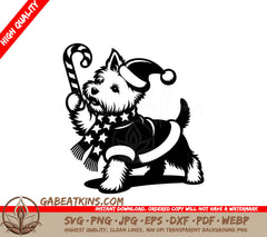  A Dog Wearing A Santa Hat And Scarf Holding A Candy Cane SVG - Holiday Terrier SVG