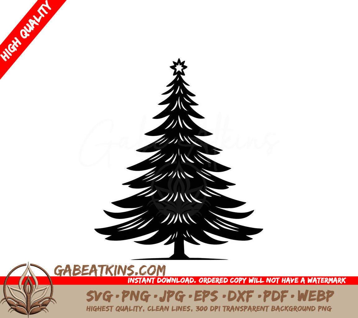 A Black And White Silhouette Of A Christmas Tree With A Star On Top SVG - Holiday Tree SVG