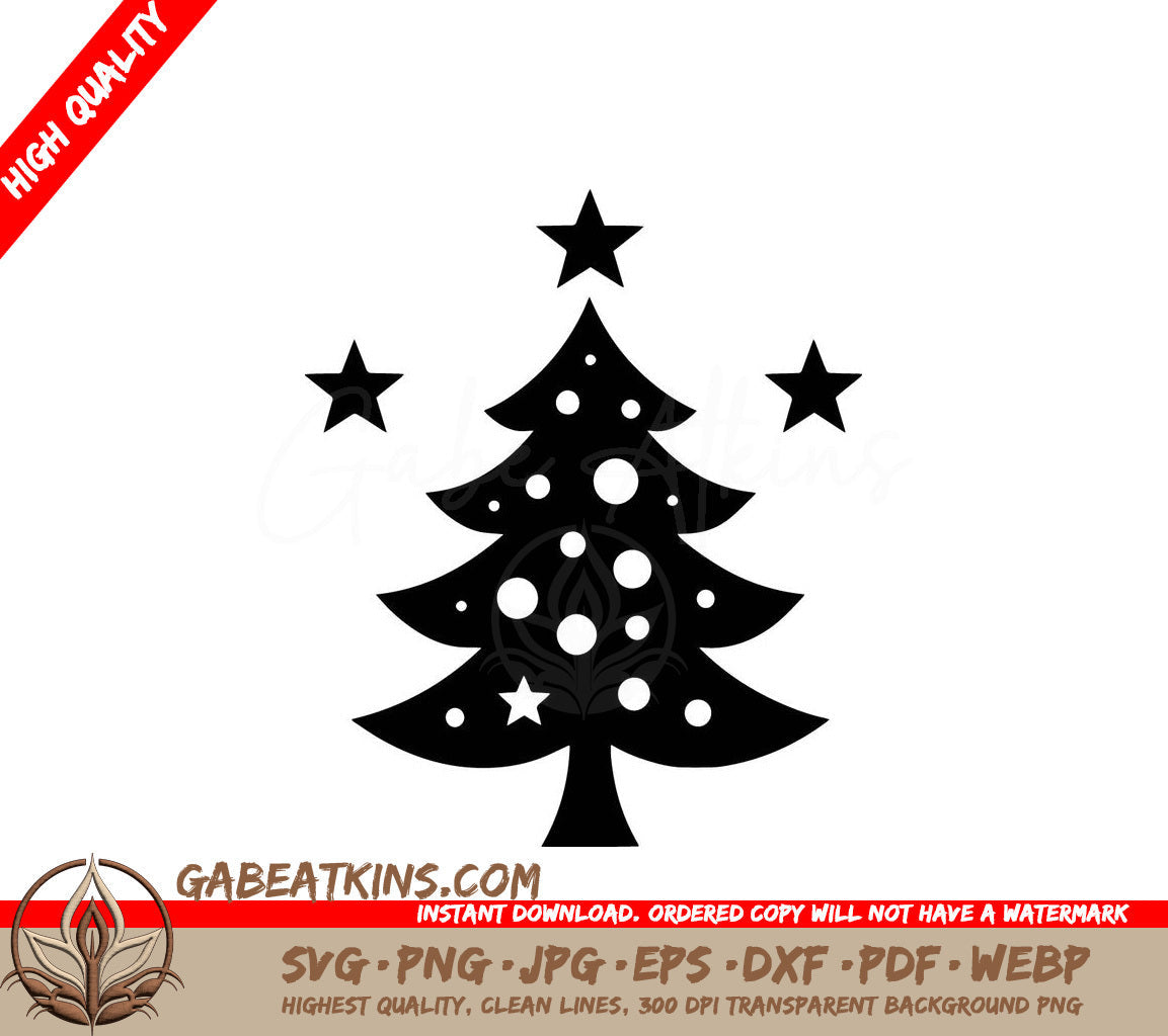 A Black And White Christmas Tree With Stars On Top SVG - Holiday Tree with Stars SVG