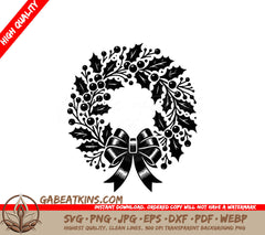 A Black And White Christmas Wreath With A Bow SVG - Holly Festive Wreath SVG