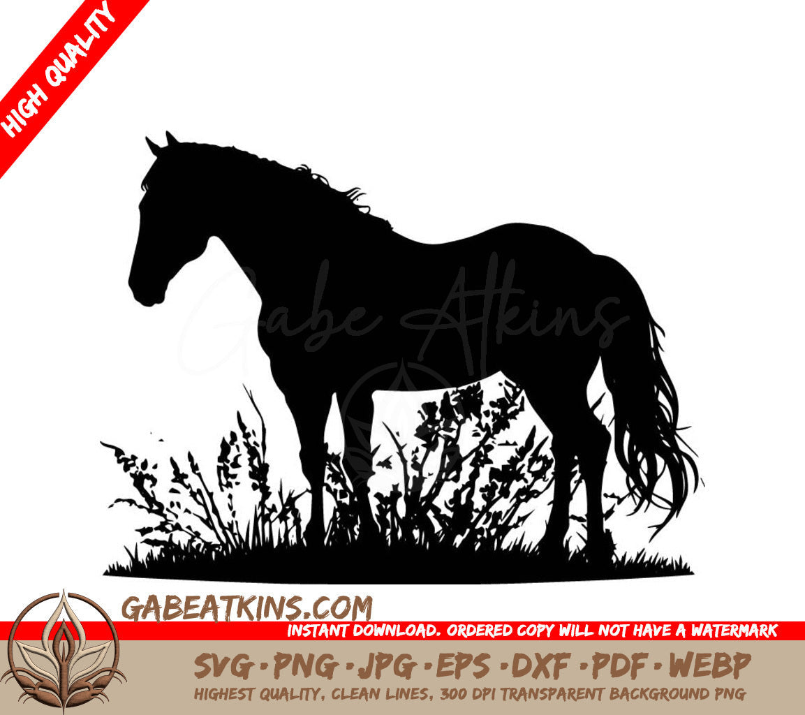 A Silhouette Of A Horse Standing In The Grass SVG - Horse Grazing SVG