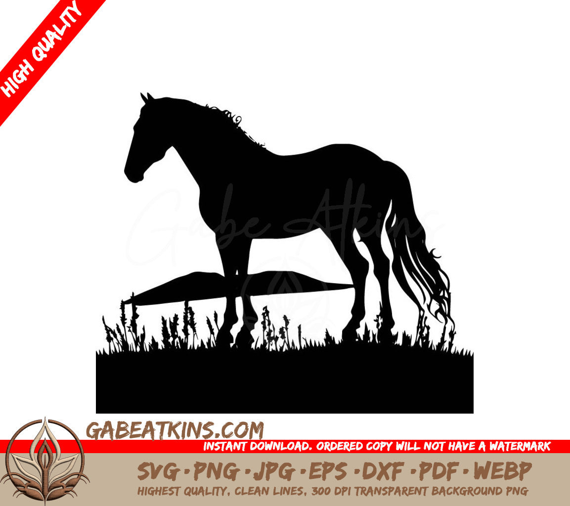 A Silhouette Of A Horse Standing In The Grass SVG - Horse Pasture SVG