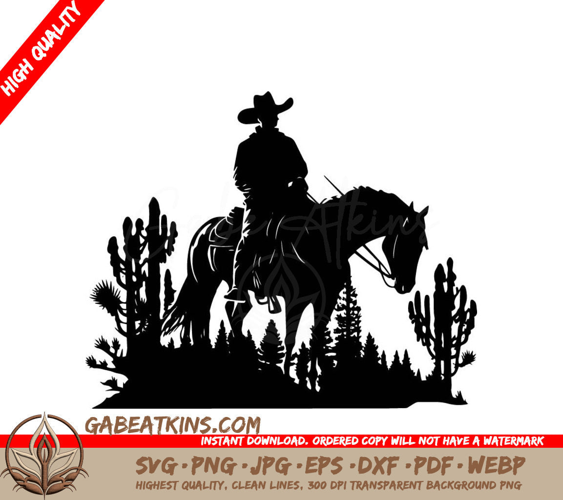 A Silhouette Of A Cowboy Riding A Horse In The Desert SVG - Horse Riding Ranch SVG