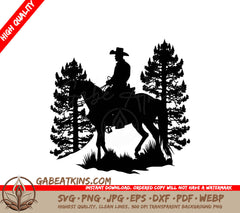 A Silhouette Of A Cowboy Riding A Horse Surrounded By Trees SVG - Horse Saddled Trail Ride SVG