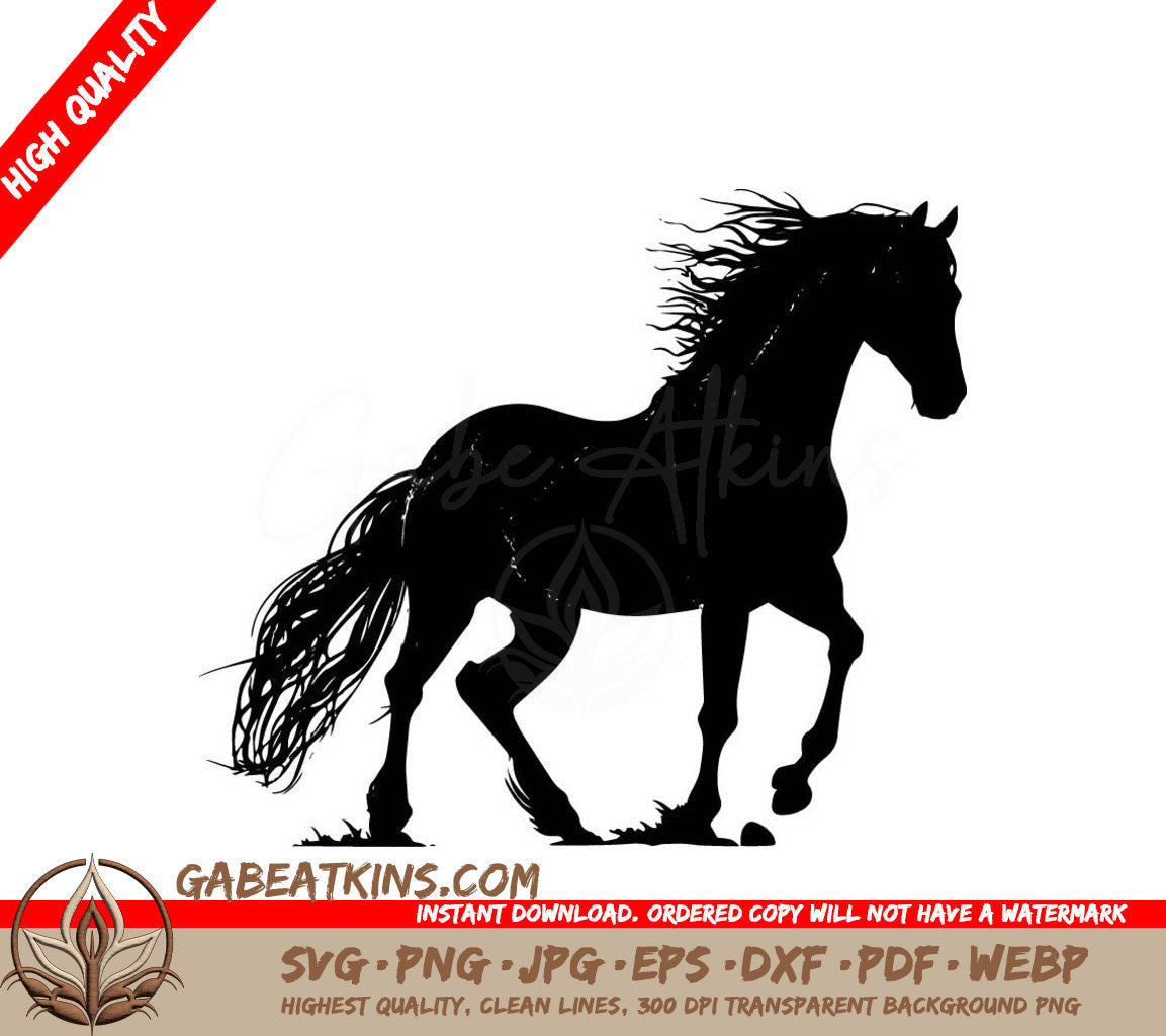 A Silhouette Of A Horse With A Long Mane SVG - Horse Trotting SVG