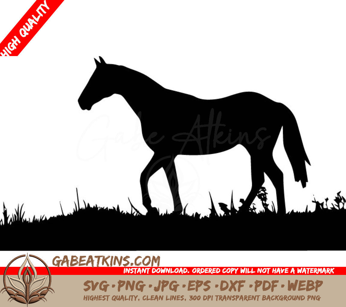 A Silhouette Of A Horse Standing In The Grass . SVG - Horse in Field SVG