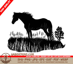 A Silhouette Of A Horse Standing In The Grass SVG - Horse in a Field SVG