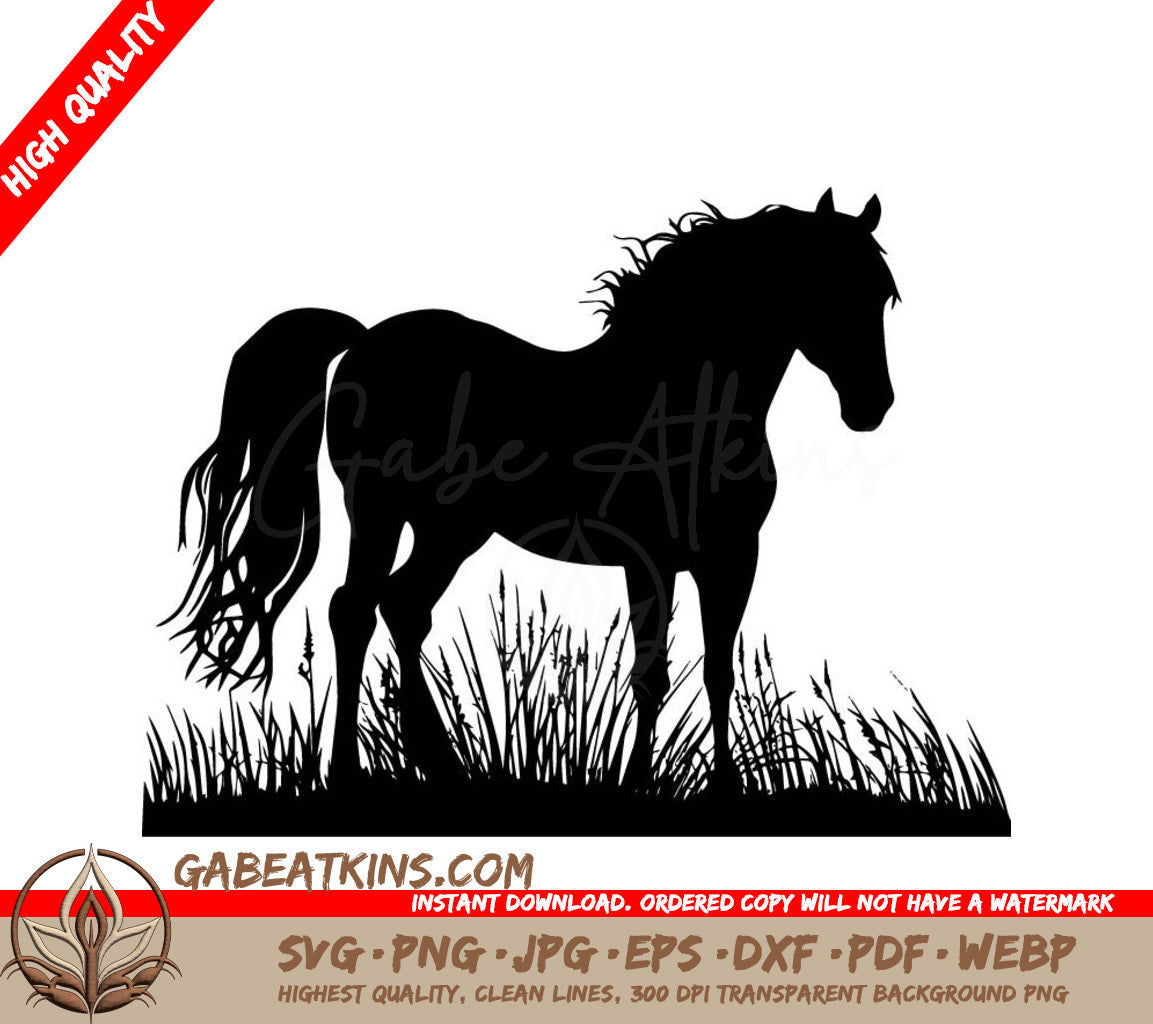 A Silhouette Of A Horse Standing In Tall Grass SVG - Horse in a Pasture SVG