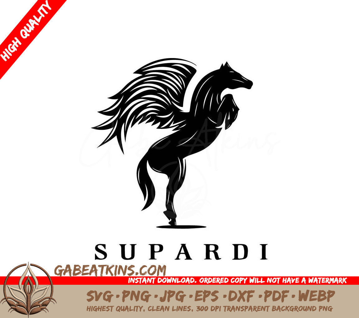 A Black And White Logo For A Company Called Supardi SVG - Horse logo with wagging wings SVG