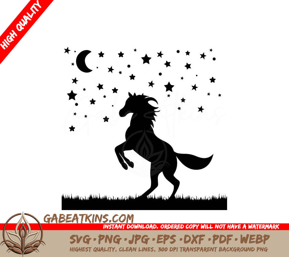 A Silhouette Of A Horse Standing On Its Hind Legs With A Crescent Moon And Stars In The Background SVG - Horse silhouette in nature_ isolated SVG