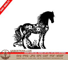 A Silhouette Of A Horse With White Flowers On It SVG - Horse with a Mane and Tail Made of Flowers SVG