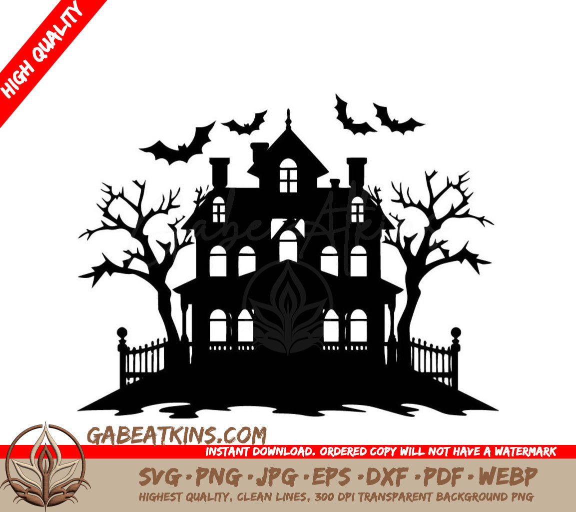 A Silhouette Of A Haunted House With Bats Flying Around It