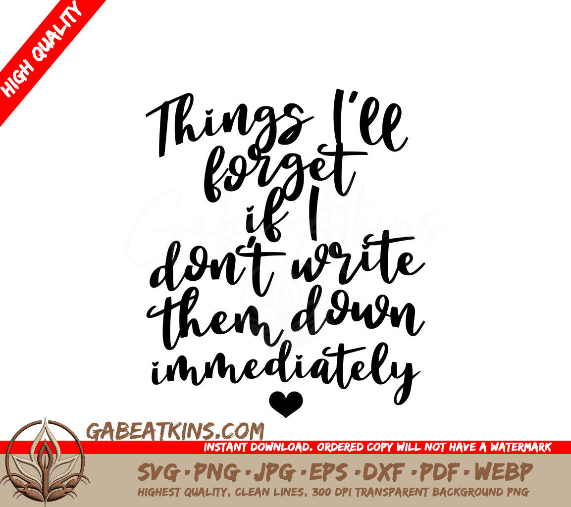 Huge Notebook Things Ill Forget SVG - Digital Download SVG