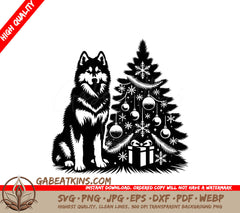 A Husky Dog Sits In Front Of A Decorated Christmas Tree SVG - Husky Christmas Magic SVG