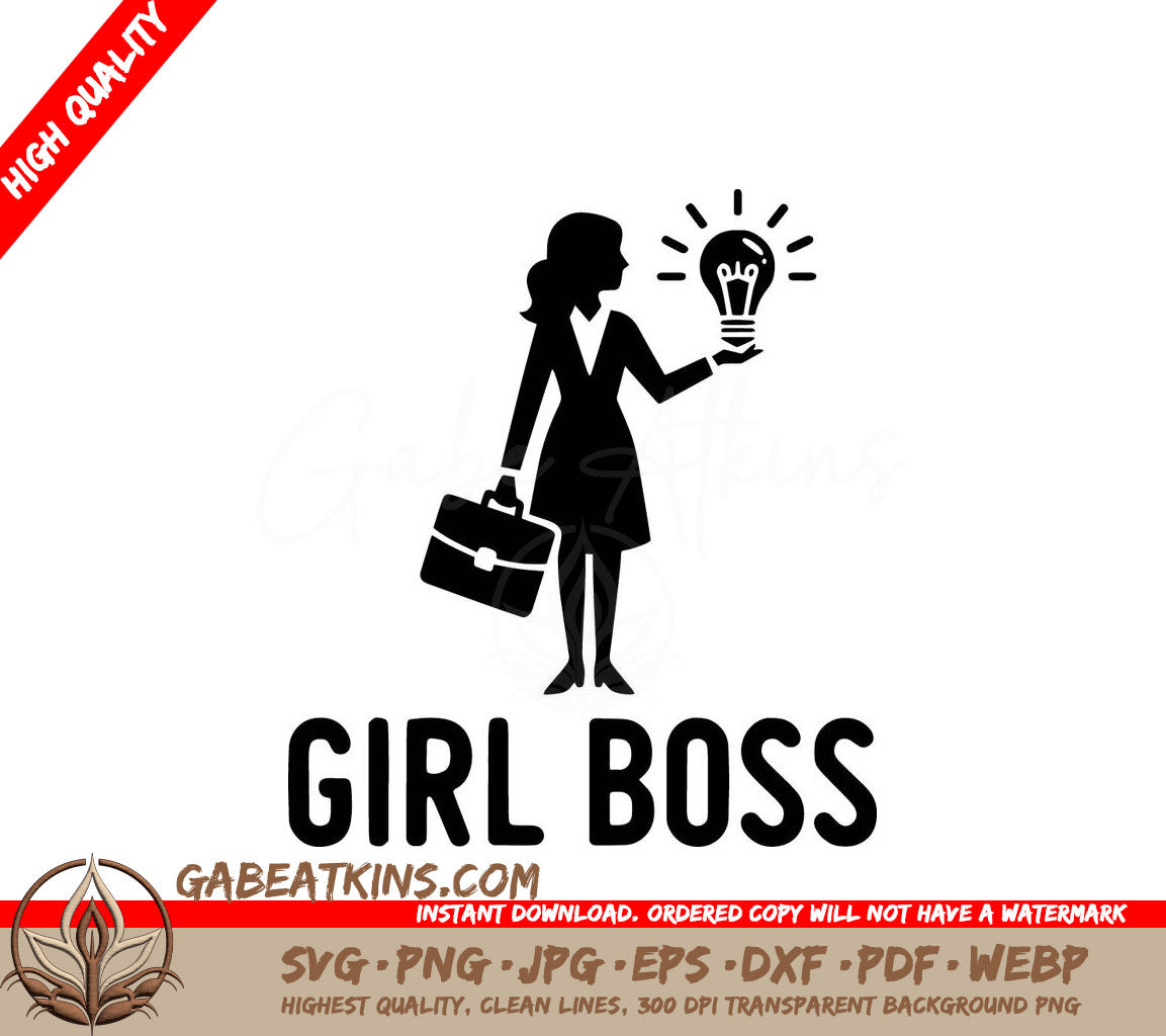 A Silhouette Of A Woman Holding A Light Bulb With The Words Girl Boss Below Her SVG - Innovative Leader SVG