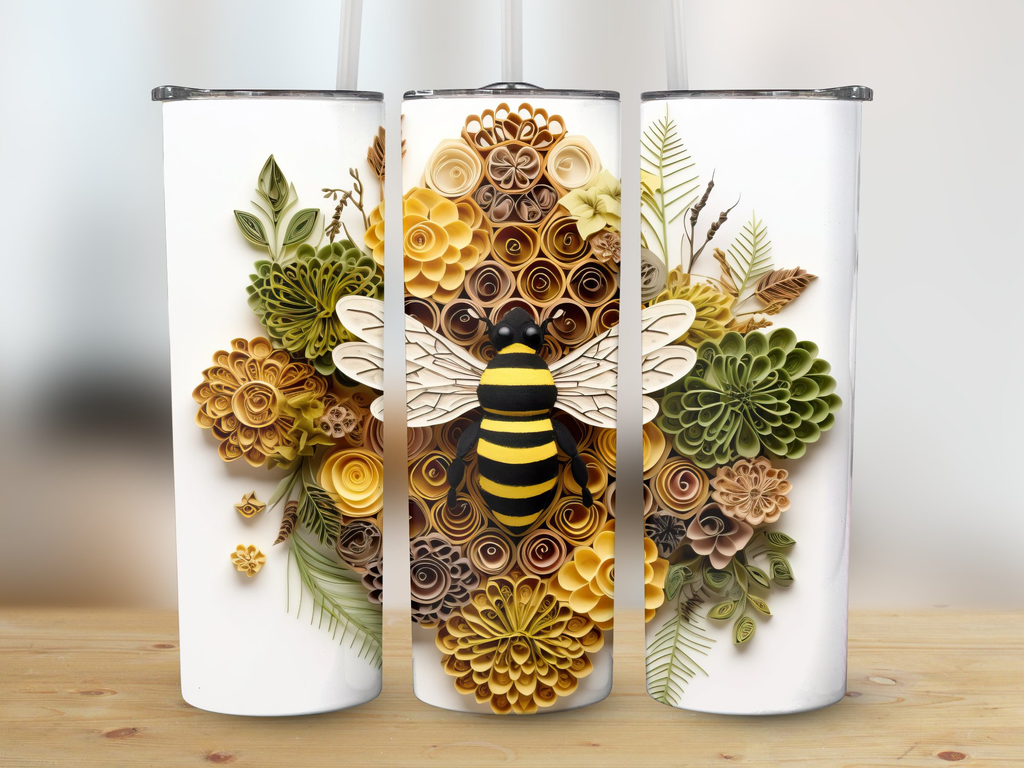 Intricate 3D Muted Colors Bee on Flowers 20 oz Skinny Tumbler Sublimat | Flowers 20 oz Skinny Tumbler Sublimation Design, Straight