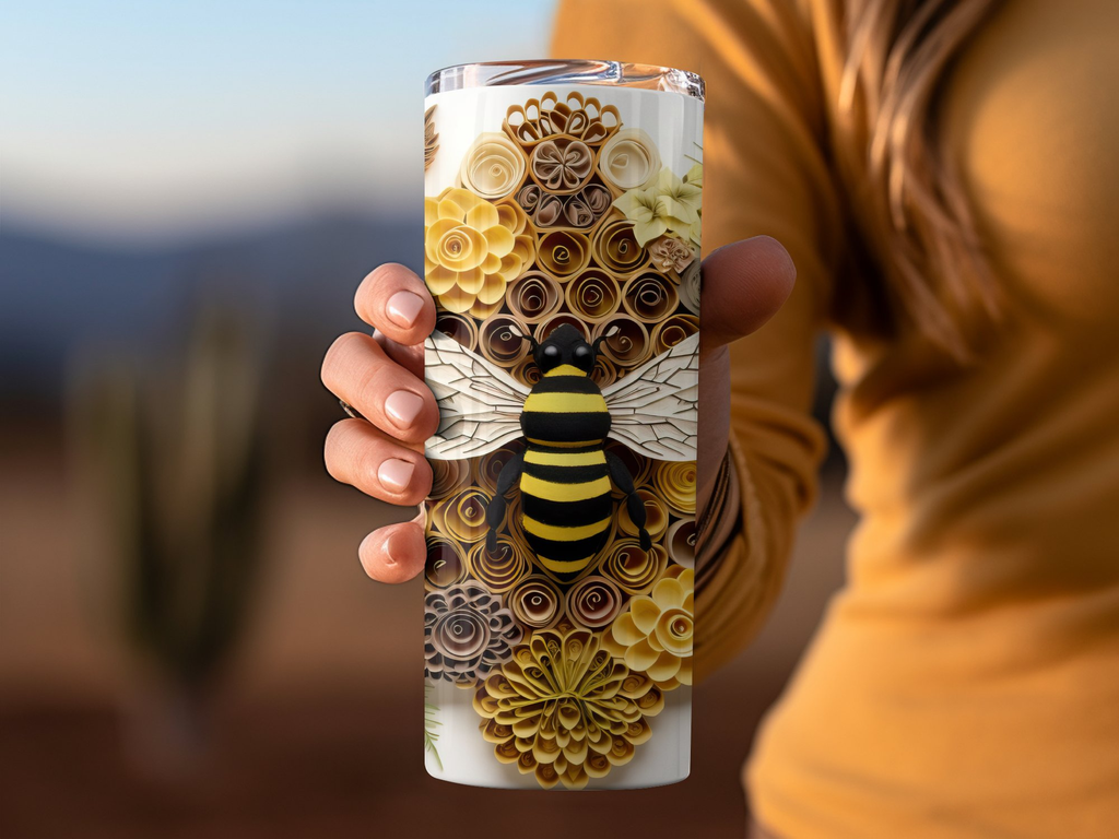 Intricate 3D Muted Colors Bee on Flowers 20 oz Skinny Tumbler Sublimat | Flowers 20 oz Skinny Tumbler Sublimation Design, Straight