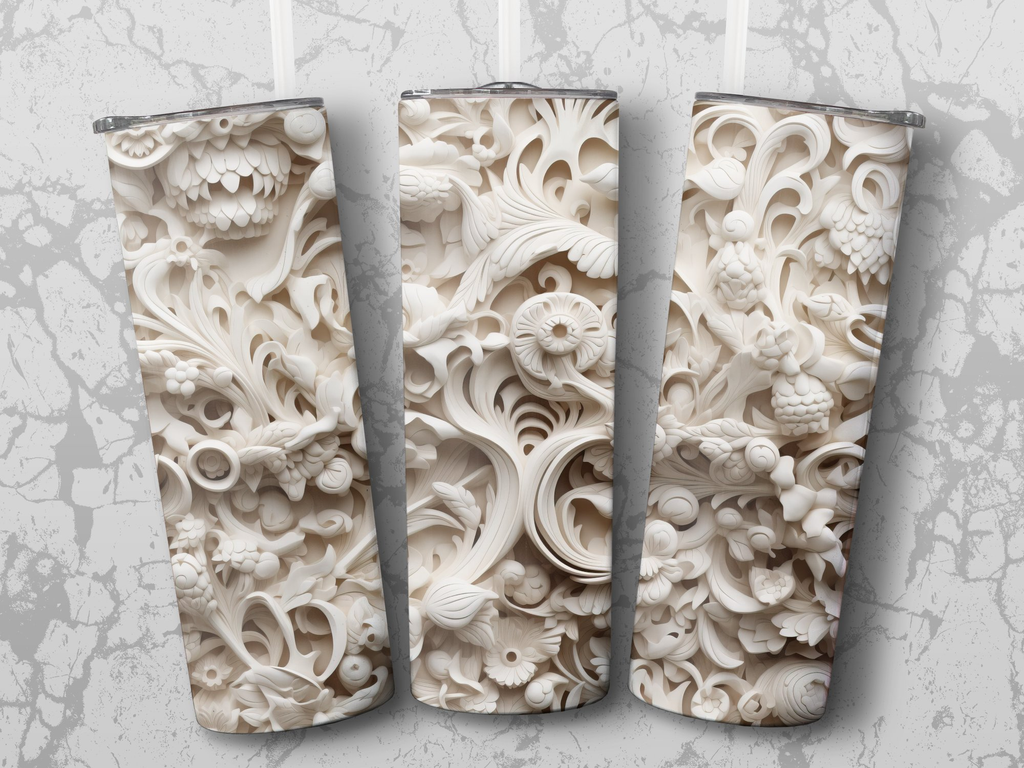 Intricate White 3d Floral Design 20 oz Skinny Tumbler Wrap Sublimation | Intricate White 3d Floral Design 20 oz Skinny Tumbler Wrap Sublimation Design, Straight