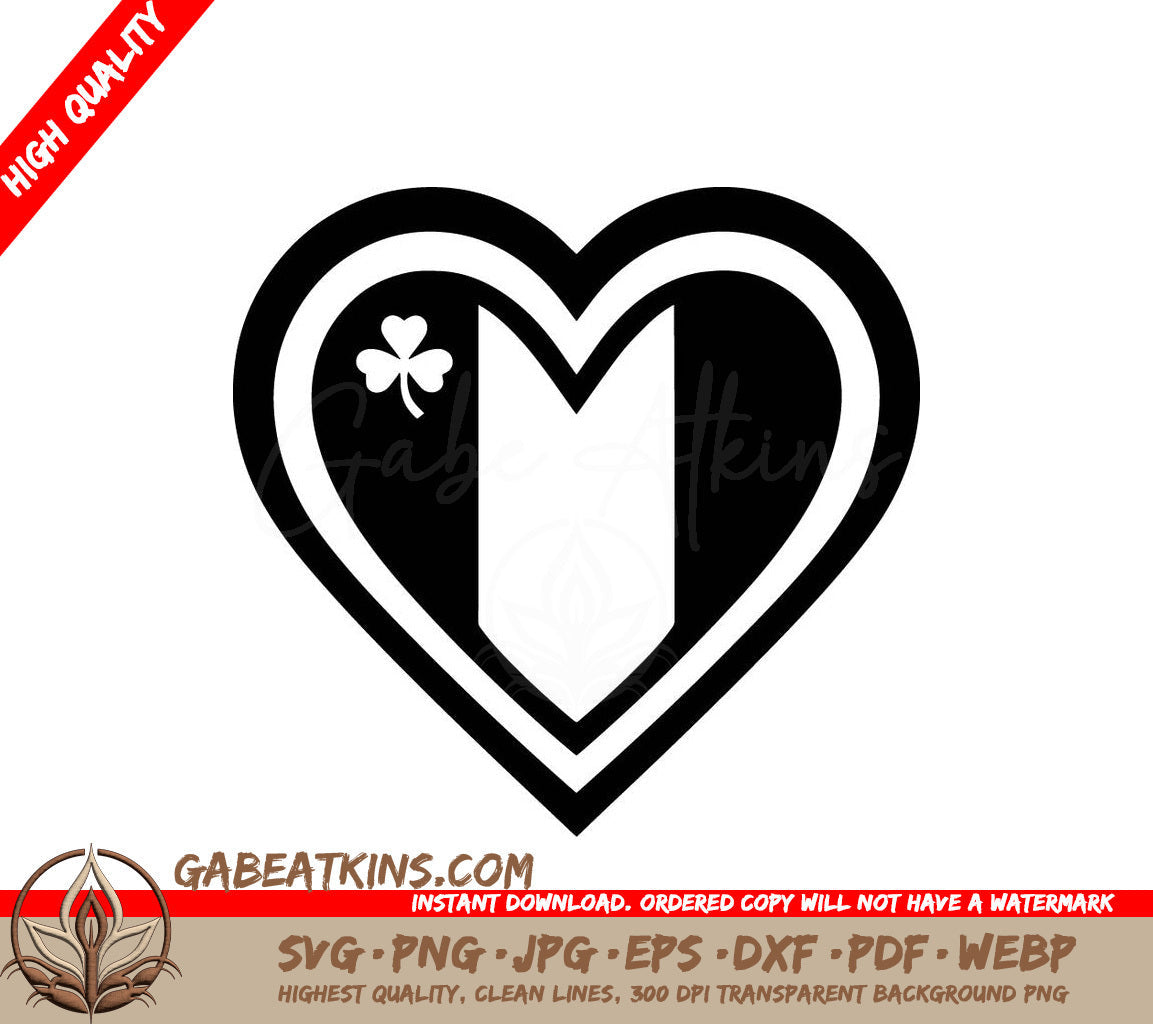 A Black And White Heart With A Clover In The Middle SVG - Irish Heart SVG