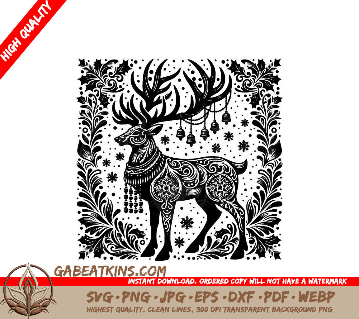 A Black And White Illustration Of A Deer With Bells Hanging From Its Antlers SVG - Jingle Bell Reindeer SVG