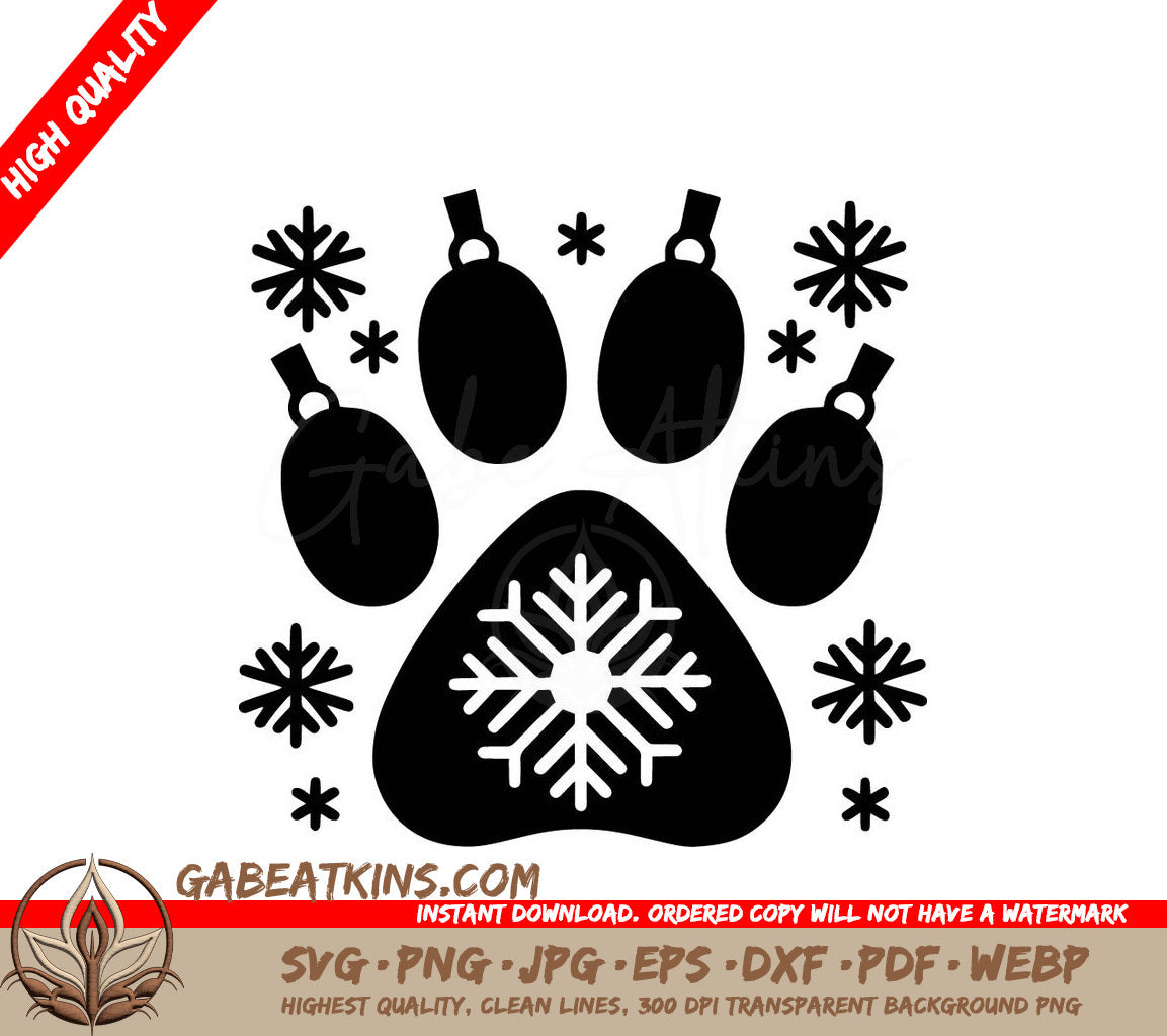 A Paw Print With Snowflakes And Ornaments Around It SVG - Jingle Paws Print SVG