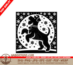 A Black And White Silhouette Of A Dog With Snowflakes In The Background SVG - Jingling Schnauzer SVG