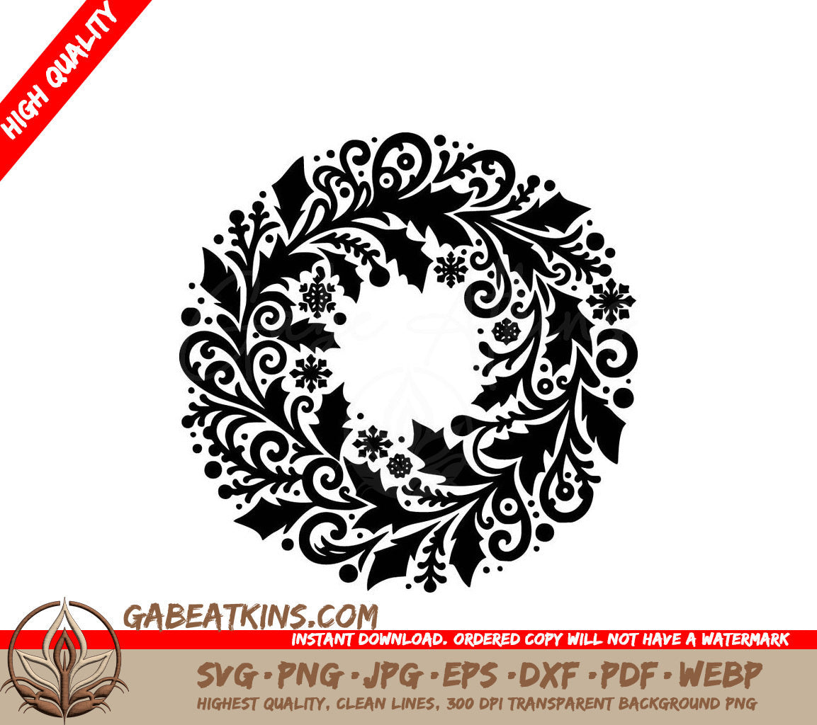 A Black And White Christmas Wreath With Holly And Snowflakes SVG - Joyful Christmas Wreath SVG