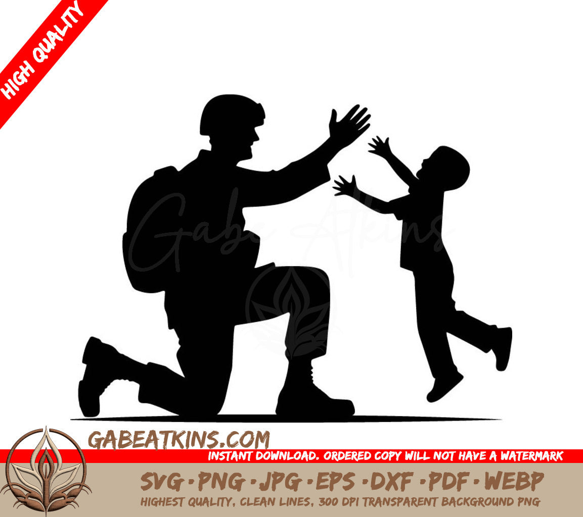 A Silhouette Of A Soldier Giving A High Five To A Child SVG - Joyful Military Reunion SVG