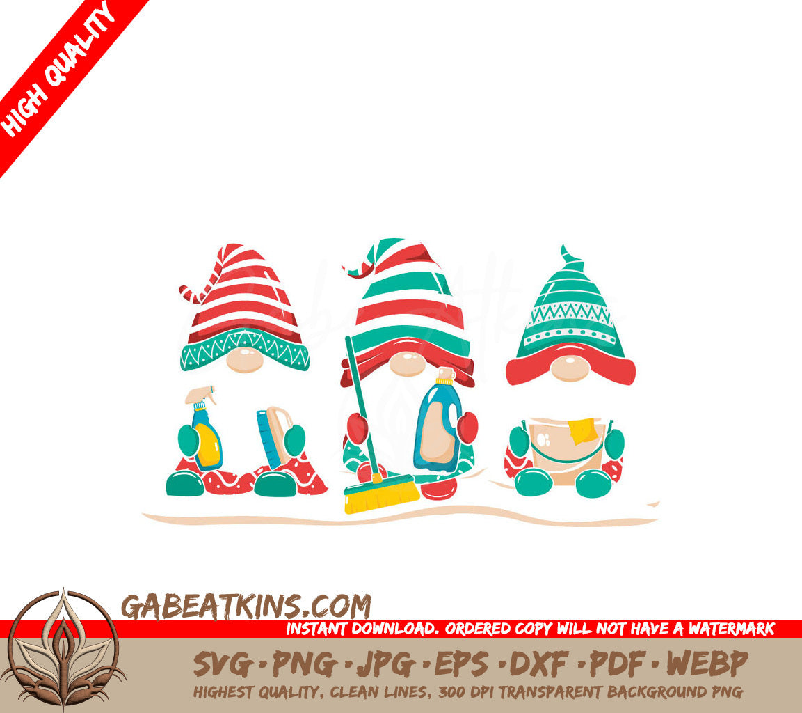 Kawaii Christmas Gnomes Cleaning SVG Bundle - Striped Hats & Supplies SVG