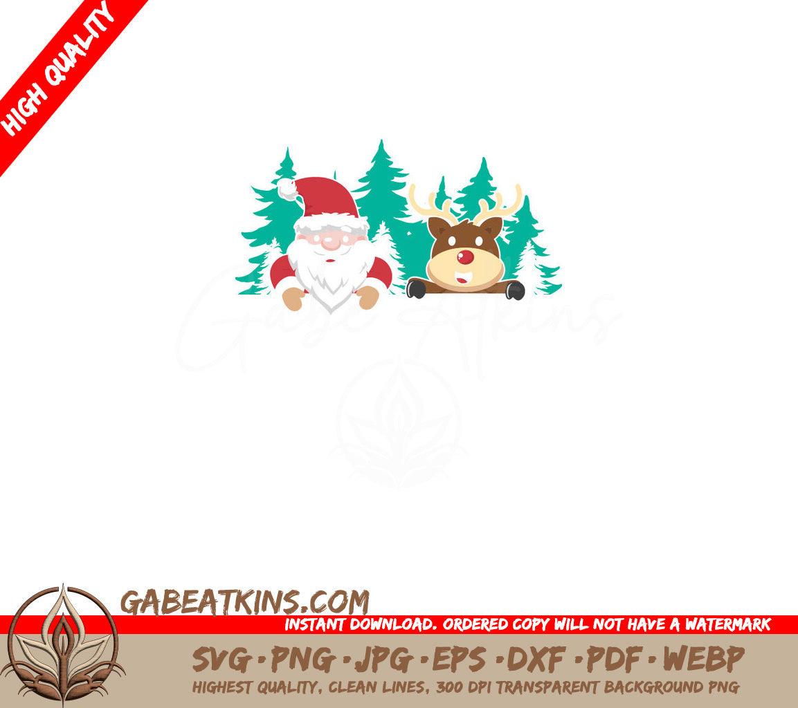 Kawaii Christmas Santa & Reindeer SVG Bundle - Peeking Over Sign SVG