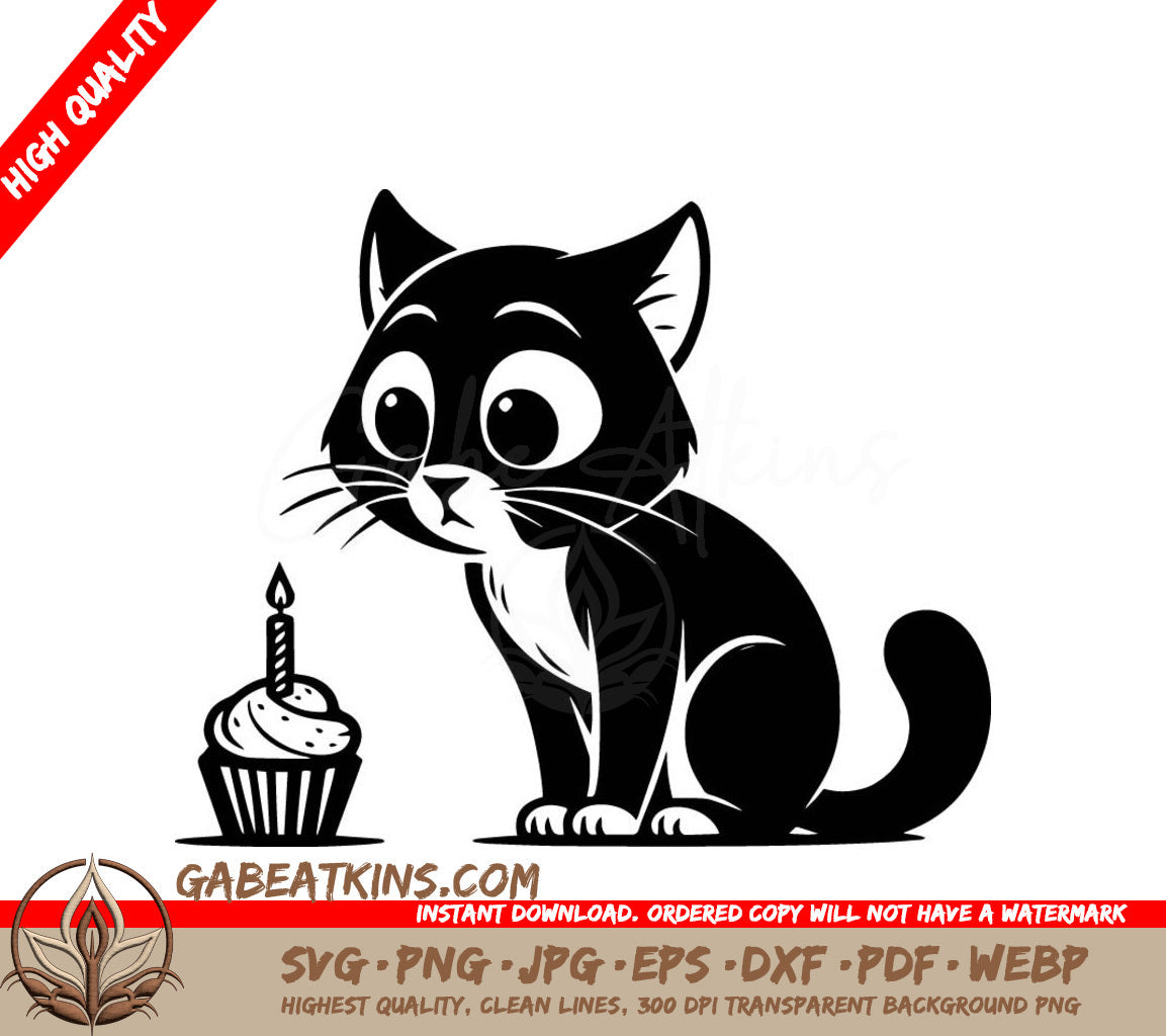  A Cat Looking At A Cupcake With A Lit Candle SVG - Kitty Birthday SVG