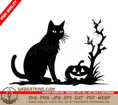 A Black Cat Is Sitting Next To A Pumpkin And A Tree Branch