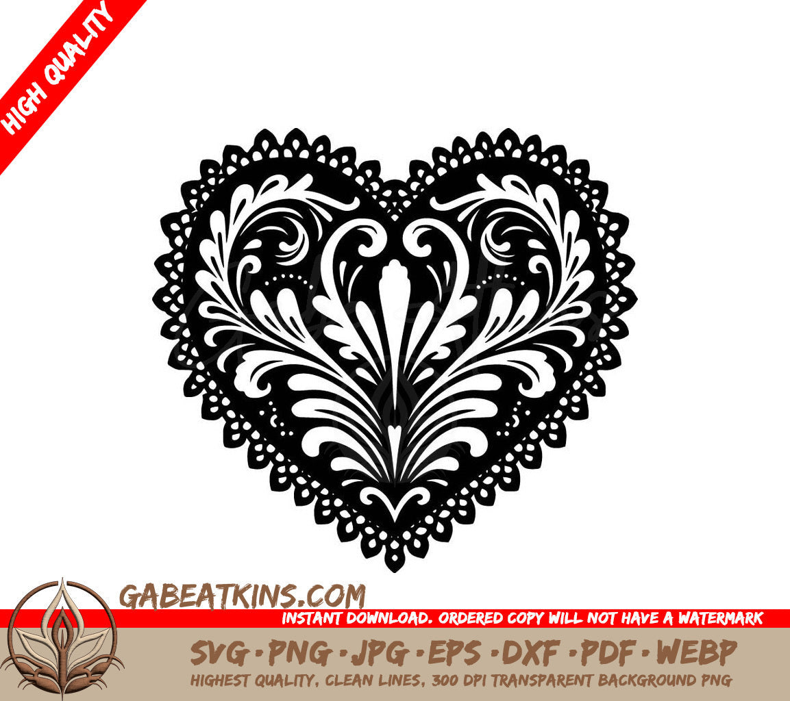 A Black And White Heart With A Lace Border SVG - Lace Heart SVG