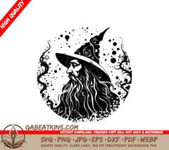 A Black And White Drawing Of A Wizard With Long Hair And A Beard