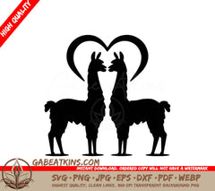 Two Llamas Standing Next To Each Other With A Heart In The Background SVG - Llama Affection SVG